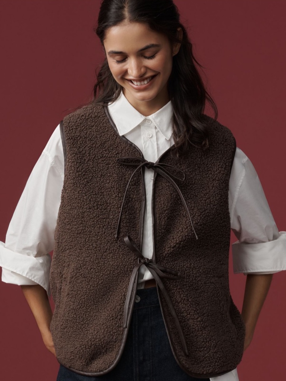 NWT anthropologie faux shearling tie front vest